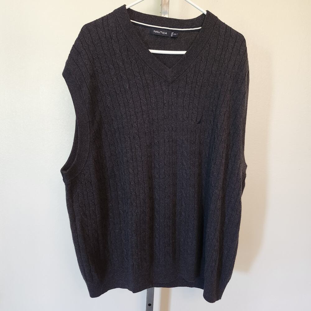 Nautica Mens 2XLT Dark Gray Sweater Vest V Neck Cotton Fisherman's Pattern